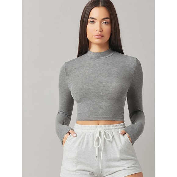 Long sleeve Mock Neck Solid Crop Tee shirt black - Picture 9 of 11